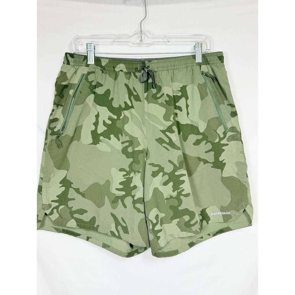 Patagonia Mens Nine Trails 8" Shorts Medium Green Camo Running Athletic Hiking